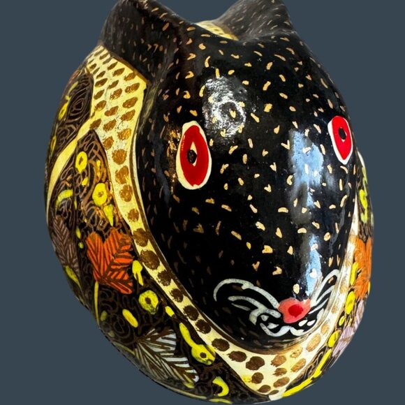 Sudha Style Hand Painted Papier Mache Rabbit Trinket Box Black Floral 4" - Picture 4 of 6